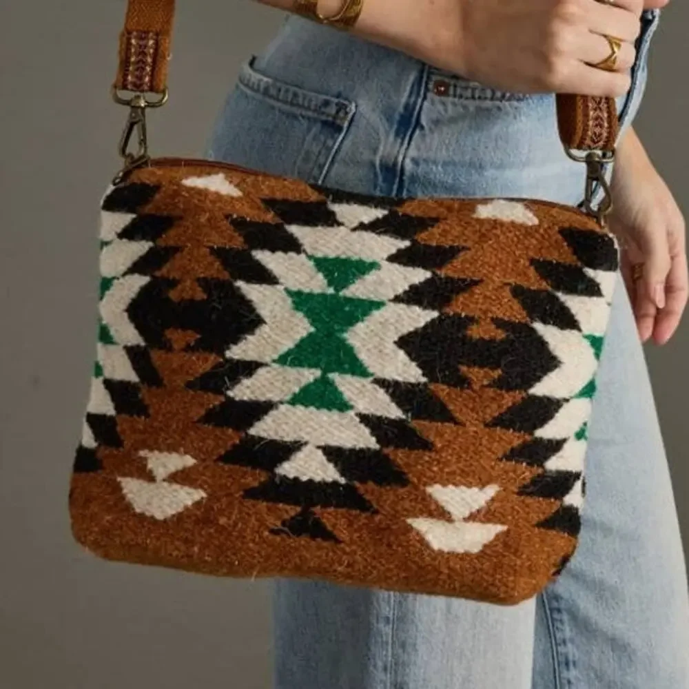 Brown, Black, Green, White Boho Western Woven Wool Crossbody Bag